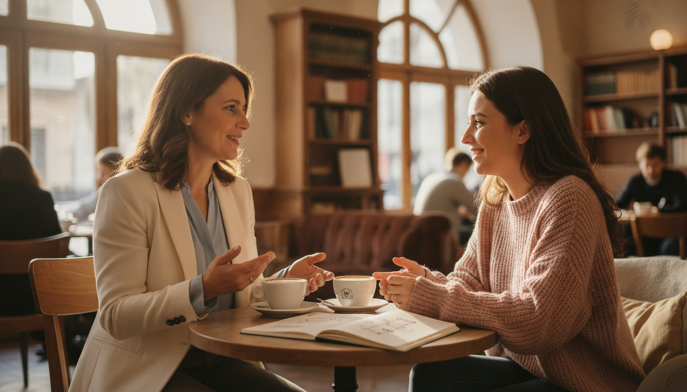 Finanzcoach bespricht mit Klientin in Wiener Café die fünf Schritte zum Finanzplan