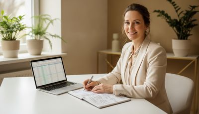 Frau plant am Schreibtisch ihre Finanzziele mit Notizbuch und Laptop